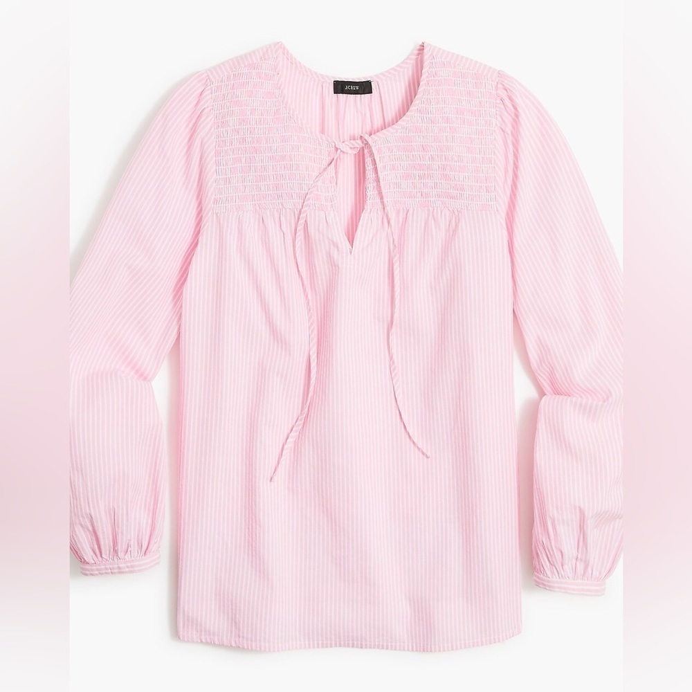 j. crew factory striped tie neck smocked shoulder long sleeve blouse